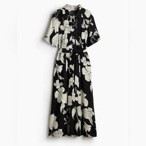 H&M Black & White Floral Tie-Belt Midi Shirt Dress | Size M